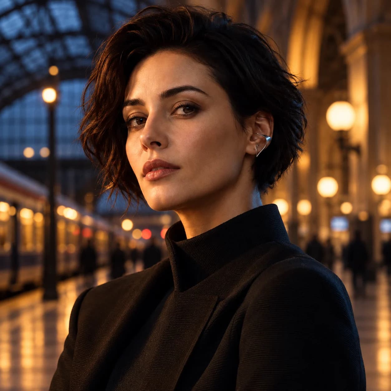 Image to image character variation: the same fictional adult woman in a high-neck black jacket at an evening station concourse