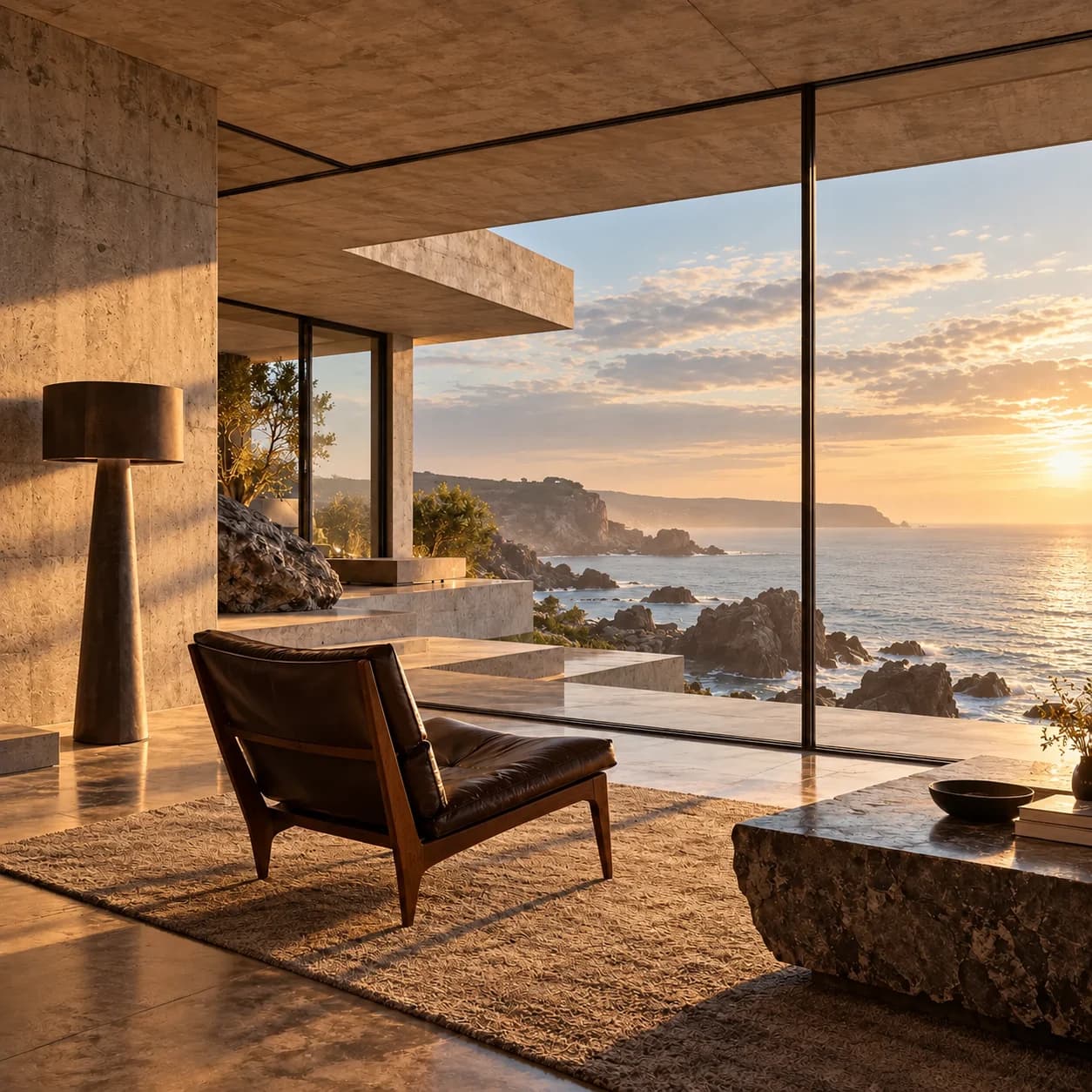 Image to image concept variation: the coastal concrete interior in soft golden morning light