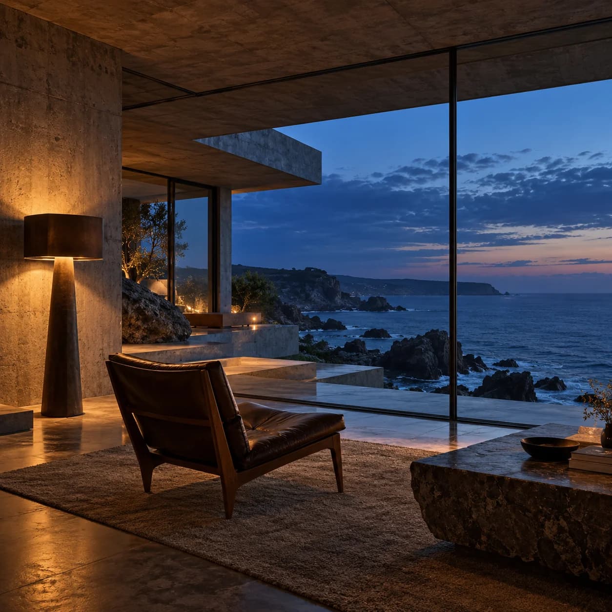 A concrete coastal interior with walnut furniture and warm lamplight at blue hour