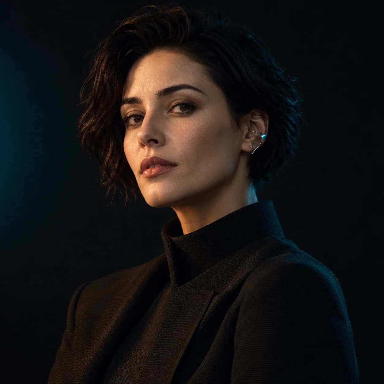 A fictional adult woman in a high-neck black jacket, lit with amber and muted teal studio light