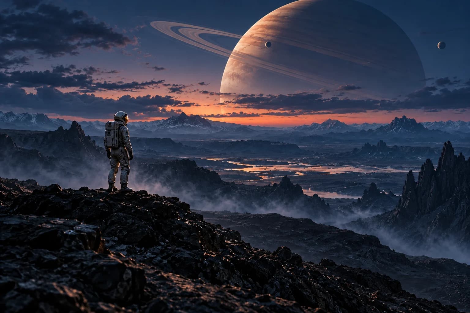 Image to image concept variation: the suited explorer and volcanic landscape under a cool blue-hour sky