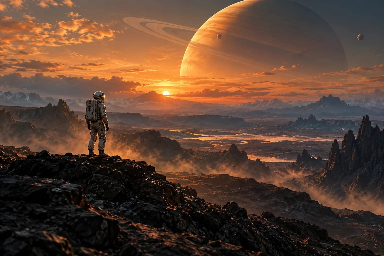 A fully suited explorer on a volcanic ridge beneath an amber ringed planet