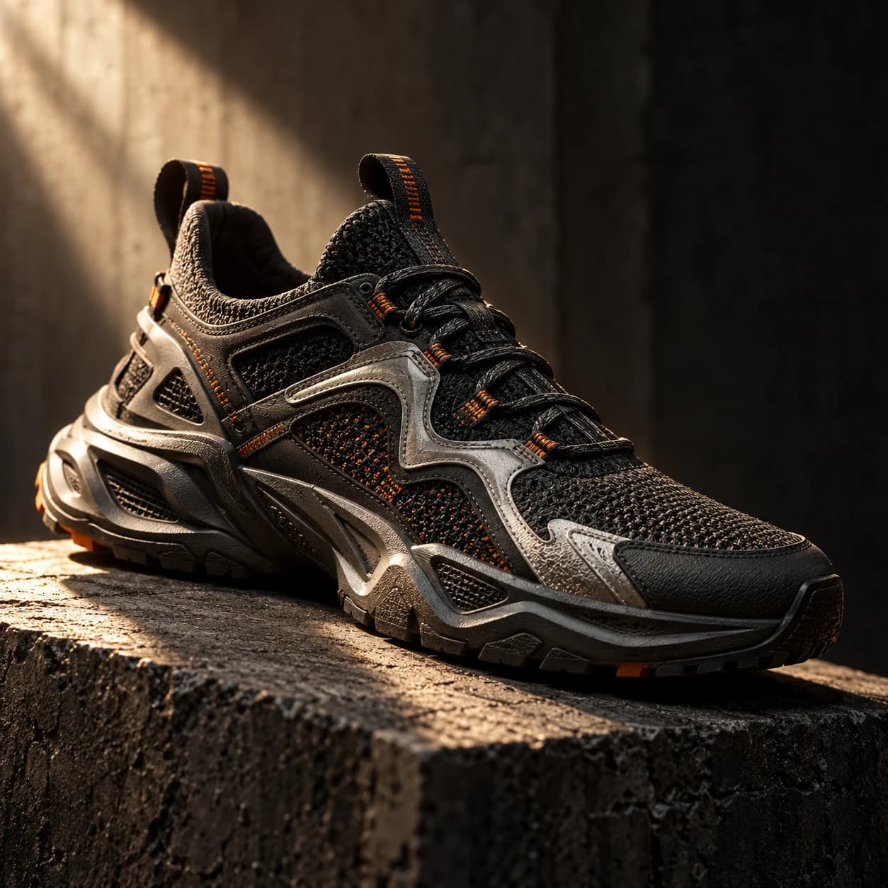 A charcoal technical sneaker on a concrete pedestal in warm directional light