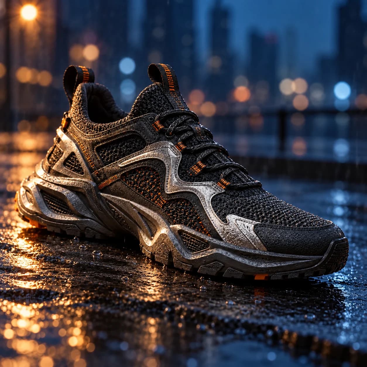 Image to image concept variation: the charcoal sneaker on wet slate with cool blue background light
