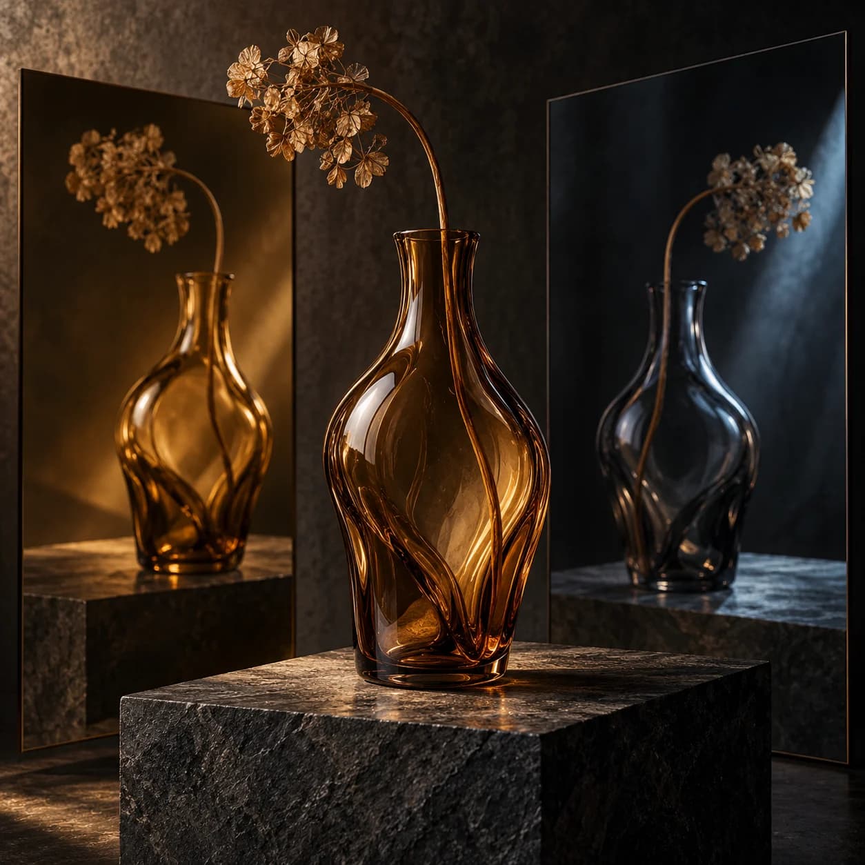 A smoky amber glass vase and botanical stem with warm and cool reflections in angled mirrors