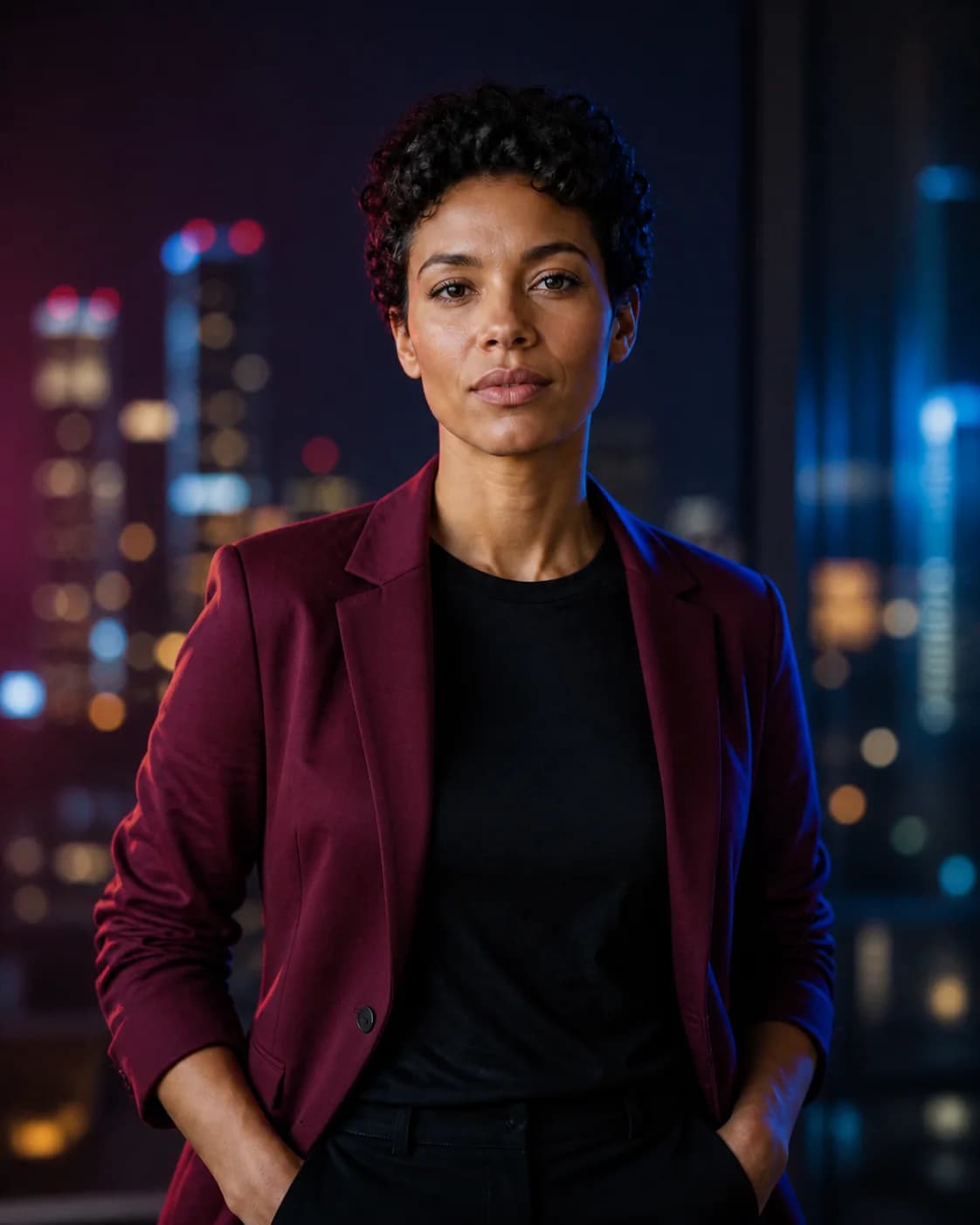 Consistent fictional adult character in a burgundy blazer and cinematic setting after an AI image-to-image edit
