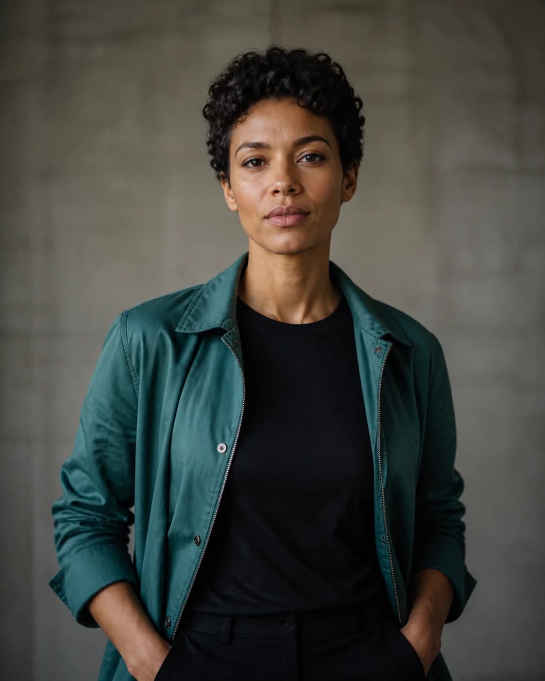 Source portrait of a fictional adult character wearing a teal jacket before a reference-guided AI edit