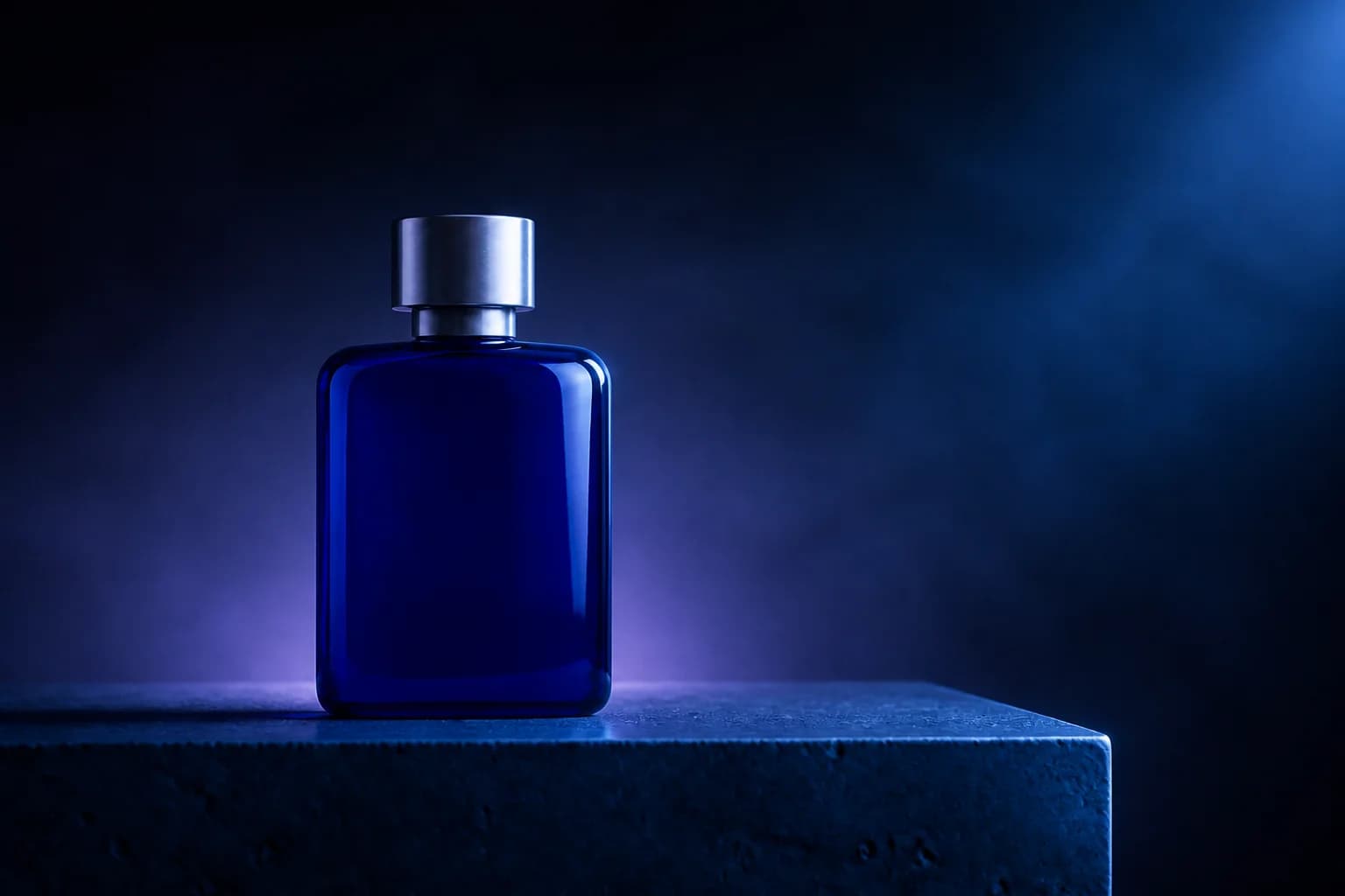 Cinematic blue product photo created from the same bottle reference with AI image-to-image editing