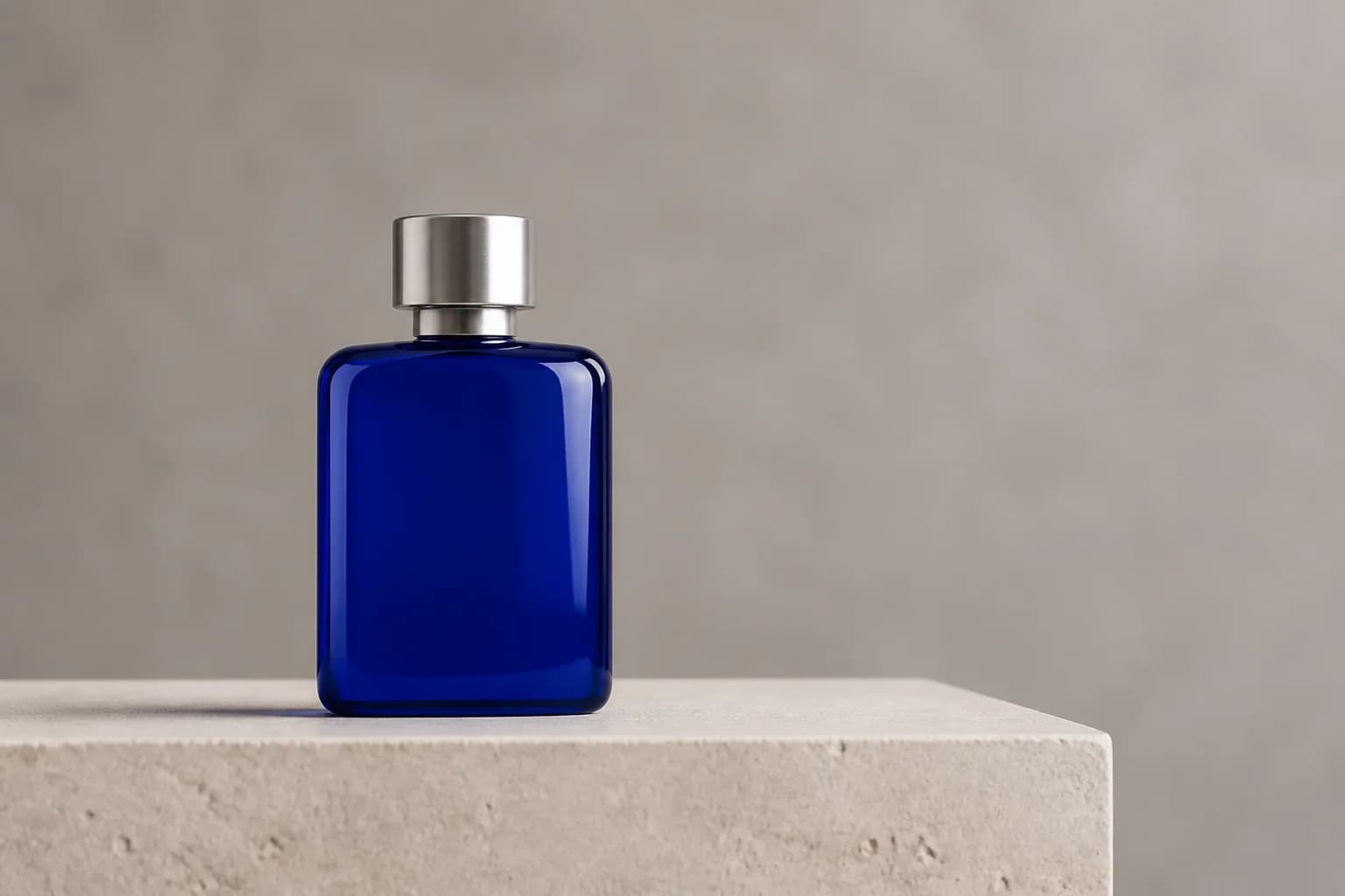 Source product photo of a cobalt blue bottle in a neutral studio before an AI image-to-image edit